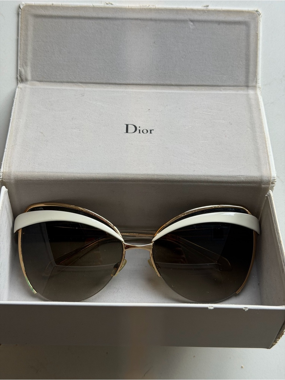 Dior White and Gold Cat-Eye Sunglasses with Dark Gradient Lenses